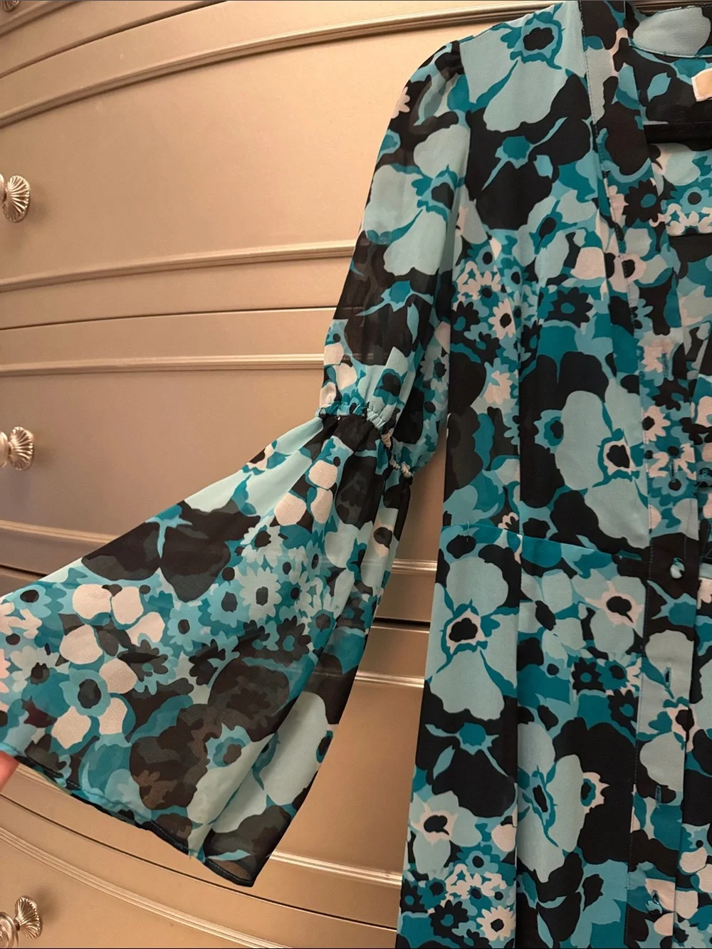 Michael Kors Floral Midi Dress in Teal and Black with belt